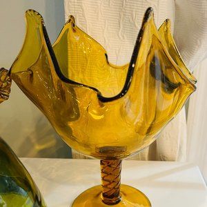 Vintage Bischoff Art Glass Amber Compote with Twist Stem Mid-Century Modern